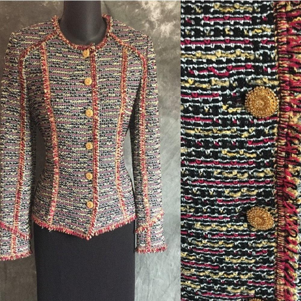 ST JOHN KNIT BLACK PINK YELLOW FRINGE JACKET 4